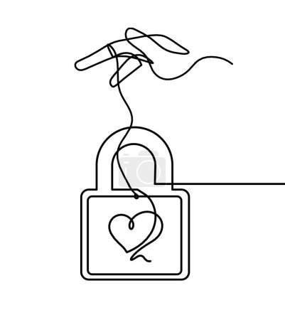 Illustration for Abstract heart-lock with hand as continuous line drawing on white background - Royalty Free Image