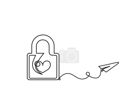 Illustration for Abstract heart-lock with paper plane as continuous line drawing on white background - Royalty Free Image