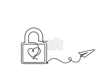 Illustration for Abstract heart-lock with paper plane as continuous line drawing on white background - Royalty Free Image