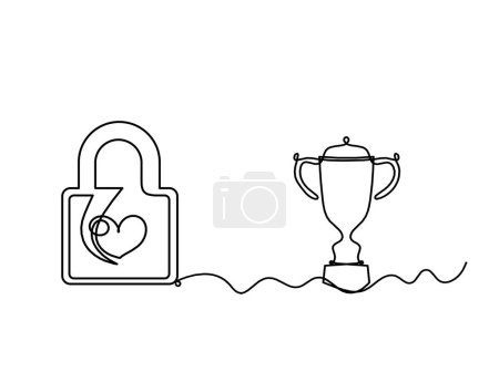 Téléchargez les illustrations : Résumé coeur-serrure avec trophée comme dessin en ligne continue sur fond blanc - en licence libre de droit