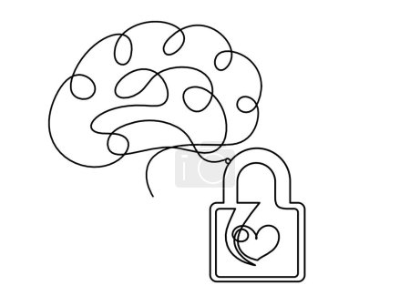 Téléchargez les illustrations : Cœur-serrure abstrait avec le cerveau comme dessin de ligne continue sur fond blanc - en licence libre de droit