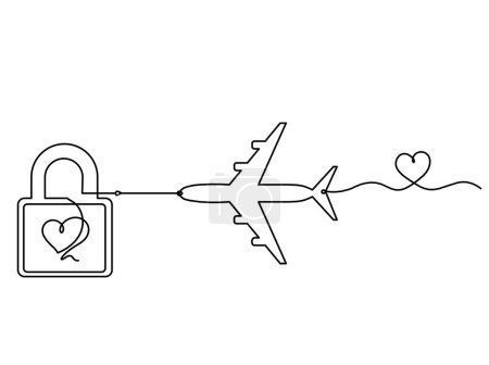 Ilustración de Bloqueo de corazón abstracto con plano como dibujo de línea continua sobre fondo blanco - Imagen libre de derechos