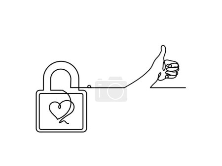 Illustration for Abstract heart-lock with hand as continuous line drawing on white background - Royalty Free Image