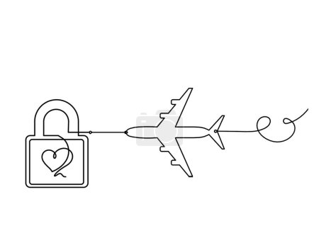 Illustration for Abstract heart-lock with plane as continuous line drawing on white background - Royalty Free Image