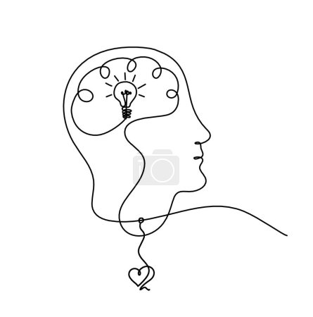 Téléchargez les illustrations : Homme silhouette cerveau et coeur comme dessin de ligne sur fond blanc - en licence libre de droit