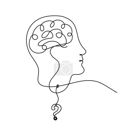 Ilustración de Hombre silueta cerebro y signo de interrogación como dibujo de línea sobre fondo blanco - Imagen libre de derechos