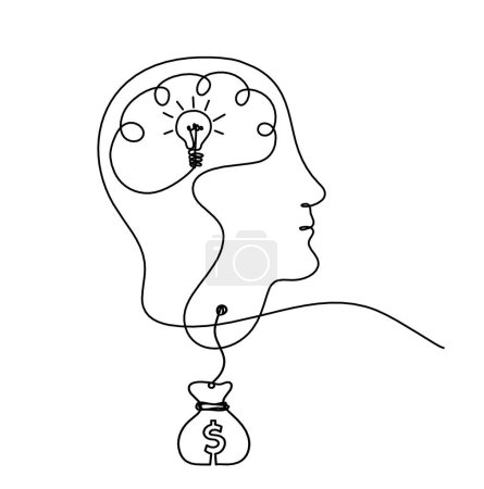 Illustration for Man silhouette brain and dollar as line drawing on white background - Royalty Free Image