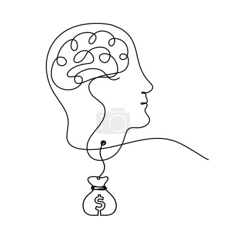 Téléchargez les illustrations : Homme silhouette cerveau et dollar comme dessin de ligne sur fond blanc - en licence libre de droit