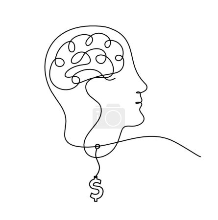 Ilustración de Hombre silueta cerebro y dólar como dibujo de línea sobre fondo blanco - Imagen libre de derechos