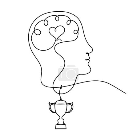 Illustration for Man silhouette brain and trophy as line drawing on white background - Royalty Free Image