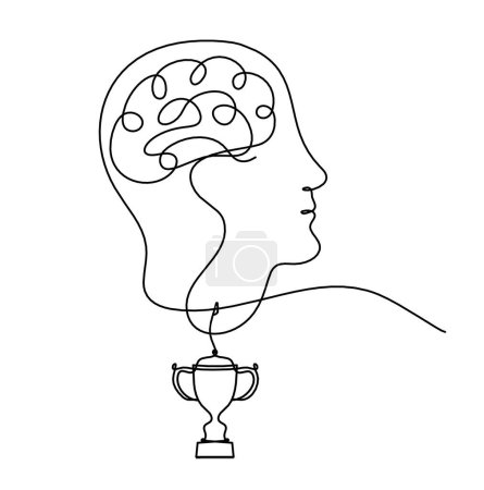 Téléchargez les illustrations : Homme silhouette cerveau et trophée comme dessin de ligne sur fond blanc - en licence libre de droit