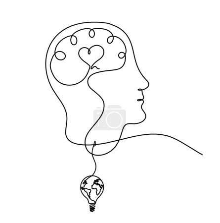 Illustration for Man silhouette brain and light bulb as line drawing on white background - Royalty Free Image
