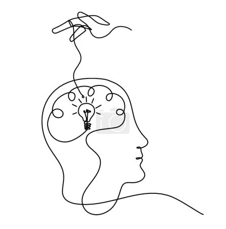 Illustration for Man silhouette brain and hand as line drawing on white background - Royalty Free Image