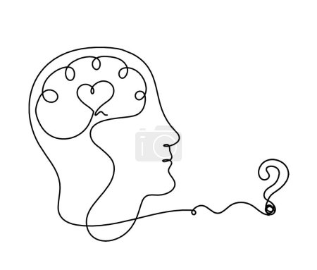 Illustration for Man silhouette brain and question mark as line drawing on white background - Royalty Free Image