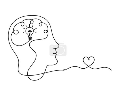 Ilustración de Hombre silueta cerebro y corazón como dibujo de línea sobre fondo blanco - Imagen libre de derechos