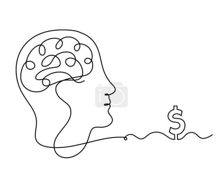 Téléchargez les illustrations : Homme silhouette cerveau et dollar comme dessin de ligne sur fond blanc - en licence libre de droit