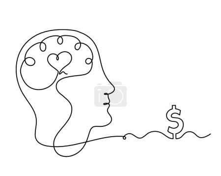 Illustration for Man silhouette brain and dollar as line drawing on white background - Royalty Free Image