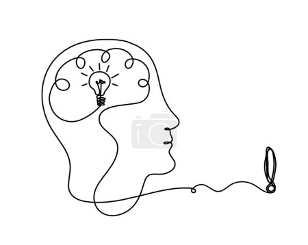 Téléchargez les illustrations : Homme silhouette cerveau et point d'exclamation comme dessin de ligne sur fond blanc - en licence libre de droit