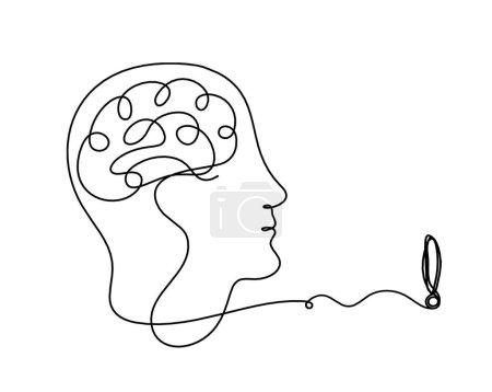 Illustration for Man silhouette brain and exclamation mark as line drawing on white background - Royalty Free Image