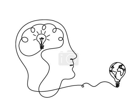 Téléchargez les illustrations : Homme silhouette cerveau et ampoule comme dessin de ligne sur fond blanc - en licence libre de droit