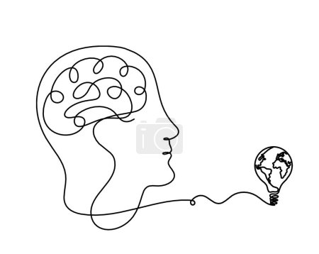 Téléchargez les illustrations : Homme silhouette cerveau et ampoule comme dessin de ligne sur fond blanc - en licence libre de droit