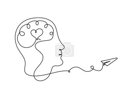 Mensch Silhouette Gehirn und Papierflieger als Linienzeichnung auf weißem Hintergrund