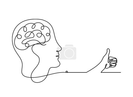 Téléchargez les illustrations : Homme silhouette cerveau et la main comme dessin de ligne sur fond blanc - en licence libre de droit