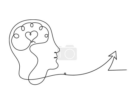 Téléchargez les illustrations : Homme silhouette cerveau et direction comme dessin de ligne sur fond blanc - en licence libre de droit