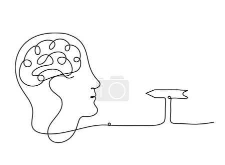 Téléchargez les illustrations : Homme silhouette cerveau et direction comme dessin de ligne sur fond blanc - en licence libre de droit