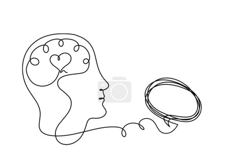 Illustration for Man silhouette brain and comment as line drawing on white background - Royalty Free Image