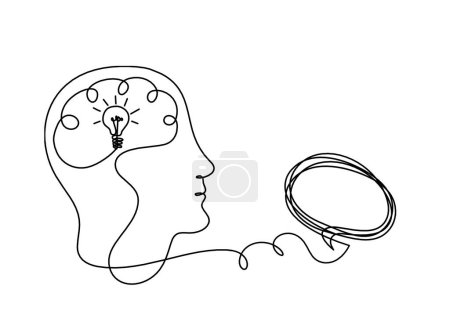 Illustration for Man silhouette brain and comment as line drawing on white background - Royalty Free Image