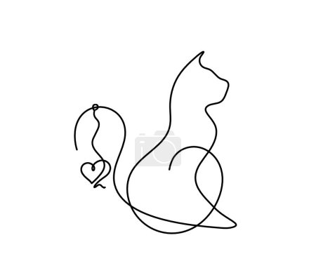 Ilustración de Silueta de gato abstracto con el corazón en línea dibujo en blanco - Imagen libre de derechos
