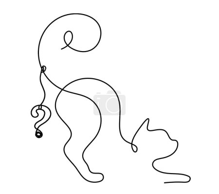 Ilustración de Silueta de gato abstracto con signo de interrogación en línea dibujo en blanco - Imagen libre de derechos