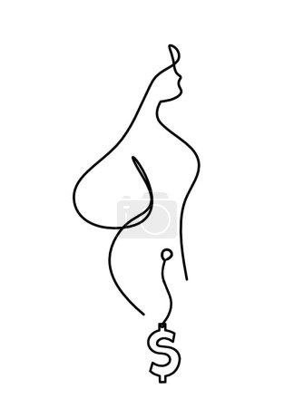 Illustration for Woman silhouette body with dollar as line drawing picture on white - Royalty Free Image
