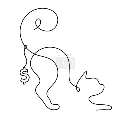 Téléchargez les illustrations : Silhouette de chat abstrait avec dollar en ligne dessin sur blanc - en licence libre de droit