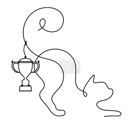 Téléchargez les illustrations : Silhouette de chat abstrait avec trophée en ligne dessin sur blanc - en licence libre de droit