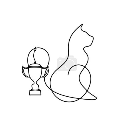 Illustration for Silhouette of abstract cat with trophy in line drawing on white - Royalty Free Image