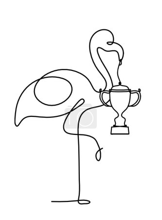 Illustration for Silhouette of abstract flamingo and trophy as line drawing on white - Royalty Free Image