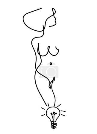Illustration for Woman silhouette body with light bulb as line drawing picture on white - Royalty Free Image
