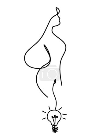 Illustration for Woman silhouette body with light bulb as line drawing picture on white - Royalty Free Image