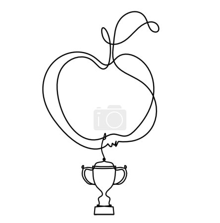 Téléchargez les illustrations : Ligne de dessin pomme avec trophée sur le fond blanc - en licence libre de droit