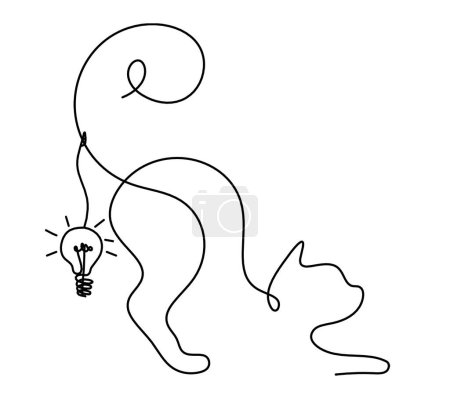 Téléchargez les illustrations : Silhouette de chat abstrait avec ampoule en ligne dessin sur blanc - en licence libre de droit