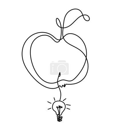 Téléchargez les illustrations : Ligne de dessin pomme avec ampoule sur le fond blanc - en licence libre de droit