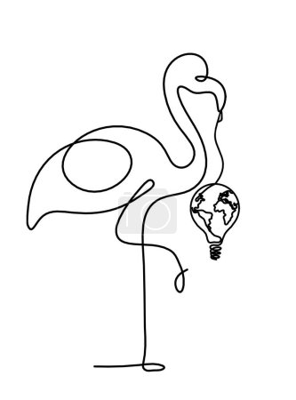 Illustration for Silhouette of abstract flamingo and light bulb as line drawing on white - Royalty Free Image