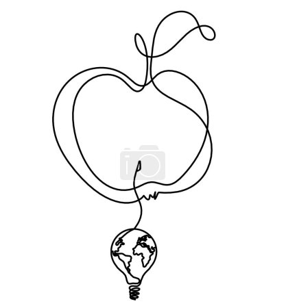 Téléchargez les illustrations : Ligne de dessin pomme avec ampoule sur le fond blanc - en licence libre de droit