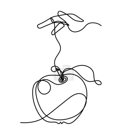 Téléchargez les illustrations : Ligne de dessin pomme avec la main sur le fond blanc - en licence libre de droit