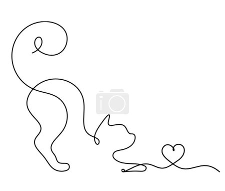 Téléchargez les illustrations : Silhouette de chat abstrait avec coeur en ligne dessin sur blanc - en licence libre de droit