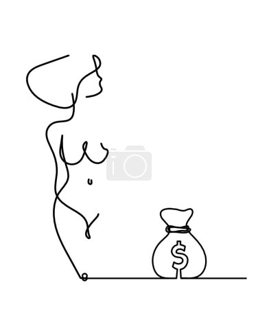 Illustration for Woman silhouette body with dollar as line drawing picture on white - Royalty Free Image