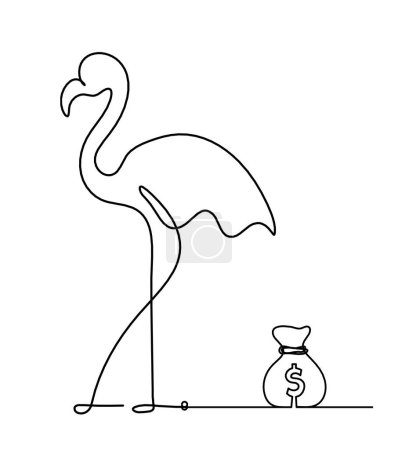 Illustration for Silhouette of abstract flamingo and dollar as line drawing on white - Royalty Free Image