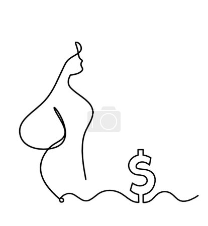 Téléchargez les illustrations : Corps de silhouette de femme avec dollar comme image de dessin de ligne sur blanc - en licence libre de droit